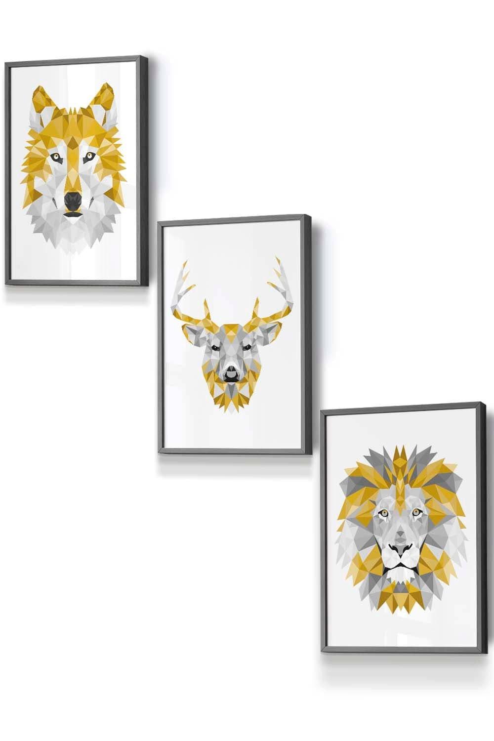 Geometric Yellow Grey Animal Heads Framed Wall Art - Small